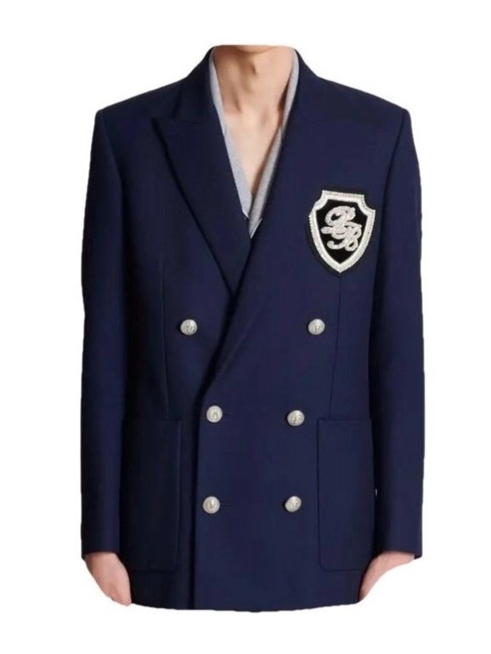Balmain Navy Double-Breasted Crest Blazer